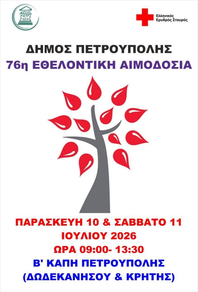 Στις 10 & 11 Ιουλίου η 76η Εθελοντική Αιμοδοσία